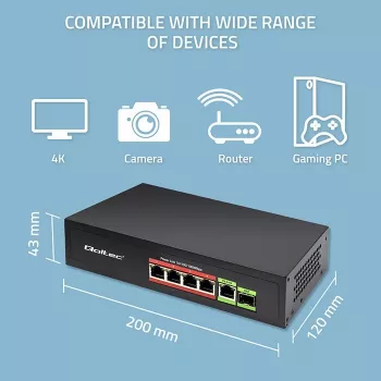 Ethernet PoE -kytkin QOLTEC 52296 — 4x RJ45 PoE-porttia, 1x RJ45 uplink