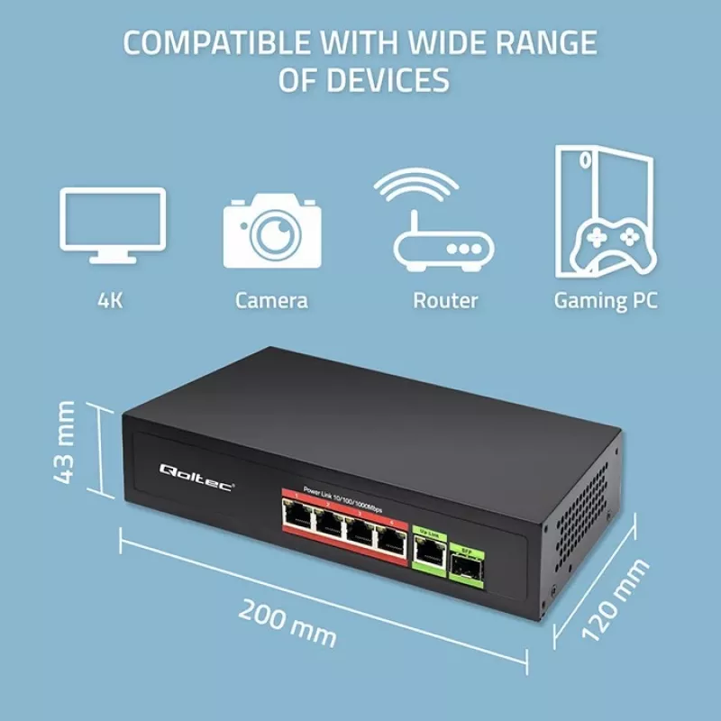 Ethernet PoE -kytkin QOLTEC 52296 — 4x RJ45 PoE-porttia, 1x RJ45 uplink