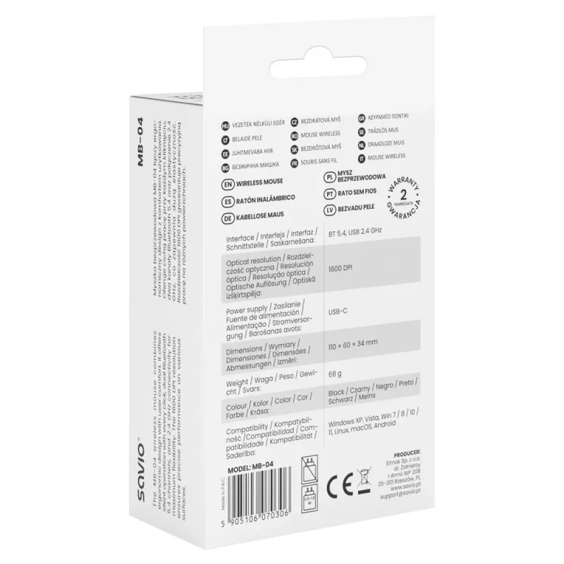 Savio MB-04 hiiri yleiskäyttöön molempikätinen Bluetooth IR LED 1600 DPI
