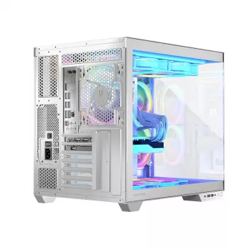 PC-kotelo MODECOM Volcano Panorama Midi Tower valkoinen — micro ATX, karkaistu lasi, ARGB, USB-C, tukee GPU 400 mm