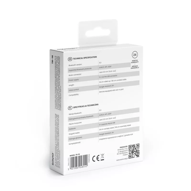 Savio TR-16 lähetin AUX-adapteri handsfree-toiminnolla, Bluetooth 5.3, Google Assistant/Siri