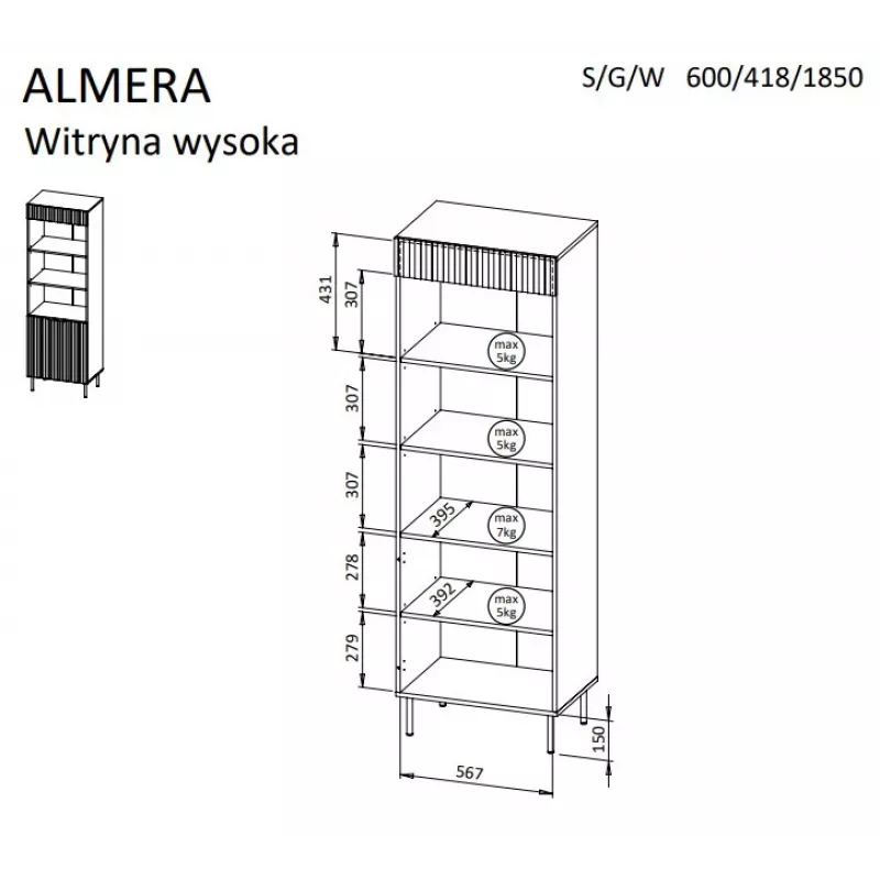 Cama 3 ALMERA hylly 60x42x185 pähkinä/cashmere