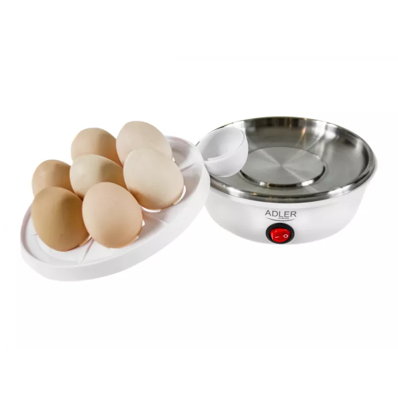 Munankeitin Adler AD 4459 — kapasiteetti 7 munaa, 450 W, valkoinen, painikeohjaus, valmiusmerkki