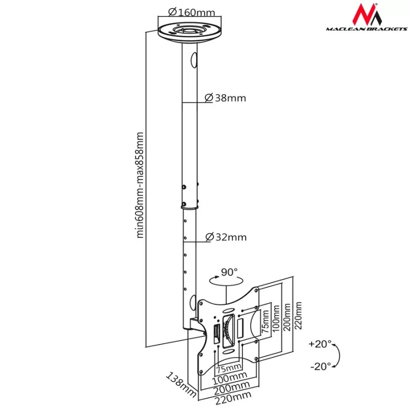 Maclean MC-504A B TV-kattokiinnike 23-42 50 - 85 cm 30 kg musta