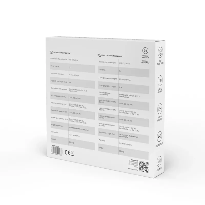 SAVIO AK-59 ulkoinen ohut CD/DVD-poltin R/RW - USB-C/USB-A, musta