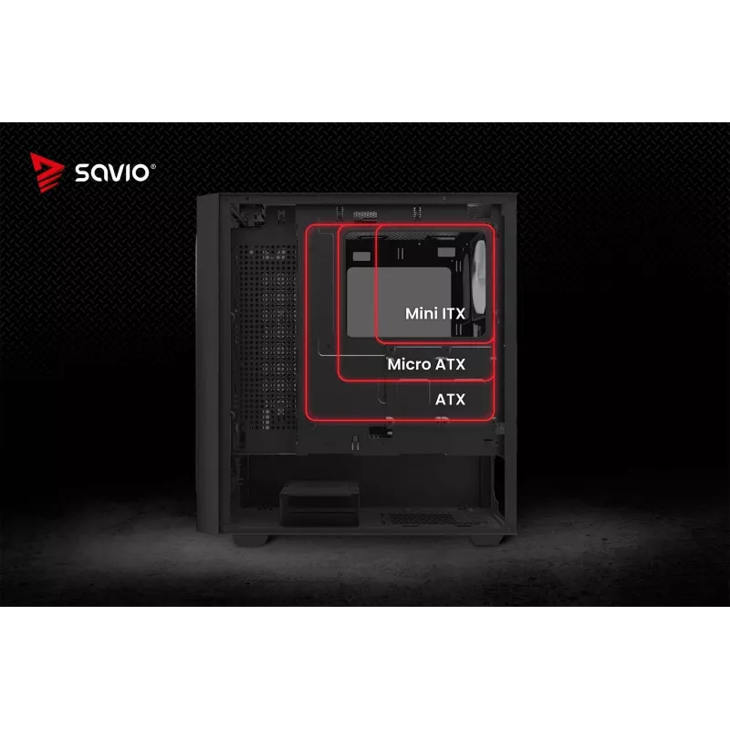 PC-kotelo SAVIO Noctis Flow RGB — Cube, ATX/Mini-ITX, 3x 120 mm etutuulettimet, karkaistu lasisivupaneeli, max. GPU 35 cm
