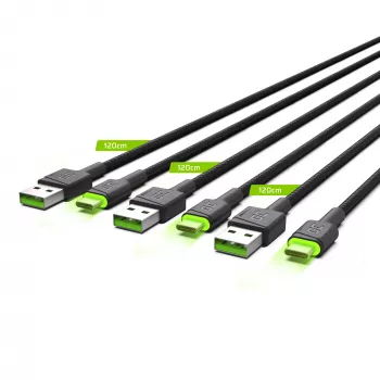USB-C-kaapeli Green Cell KABGCSET02 1,2 m (USB-A–USB-C, 2,4 A, 480 Mbit/s) 3 kpl:n pakkaus LED-taustavalolla