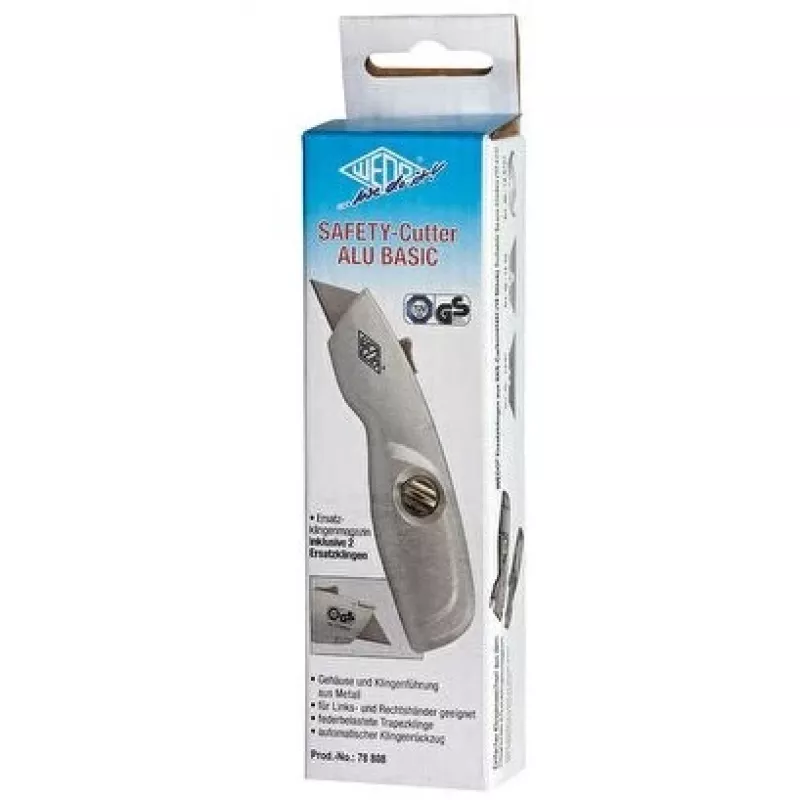 WEDO 78808 Safety-Cutter ALU yleisveitsi, puolisuunnikasterä, jousikuormitteinen, automaattisesti sisään vetäytyvä, 2 varaterää, TÜV/GS, hopea