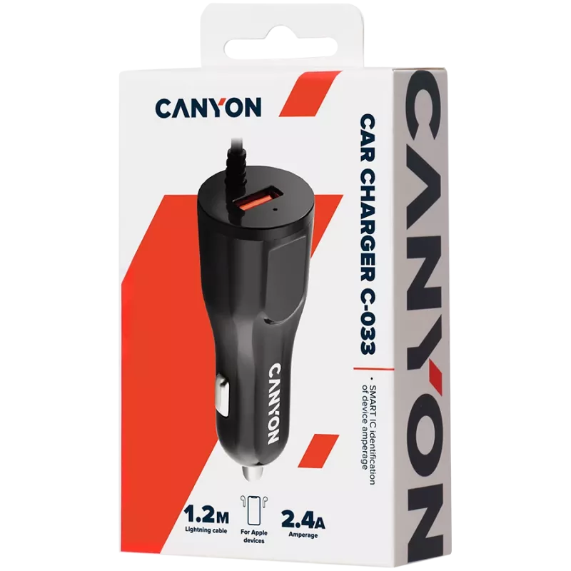 CANYON autolaturi C-033 2,4A/USB-A sisäänrakennettu Lightning-liitäntä musta