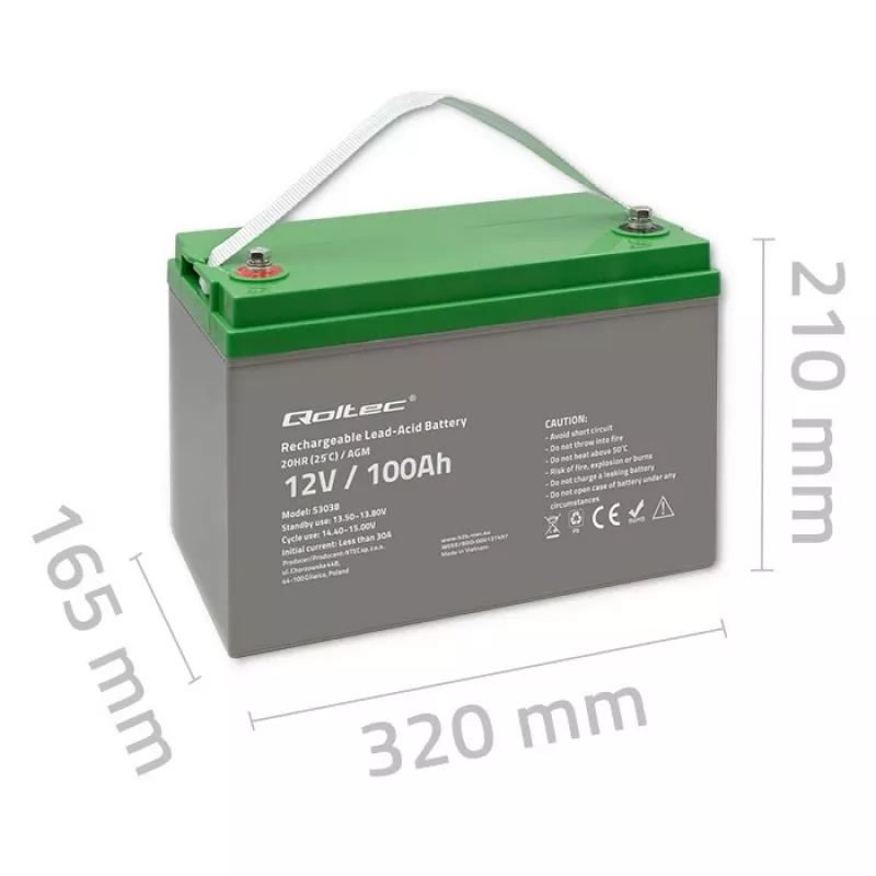 Qoltec 53038 AGM-akku | 12V | 100Ah | max 1200A