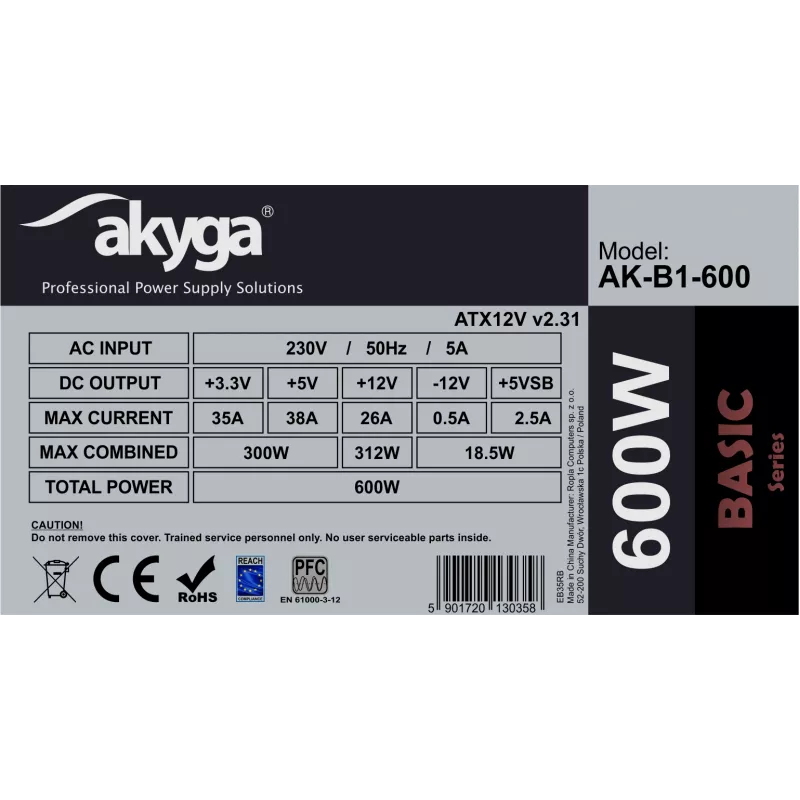 Akyga Basic AK-B1-600 ATX-virtalähde 600 W, 120 mm:n tuuletin, passiivinen PFC, harmaa