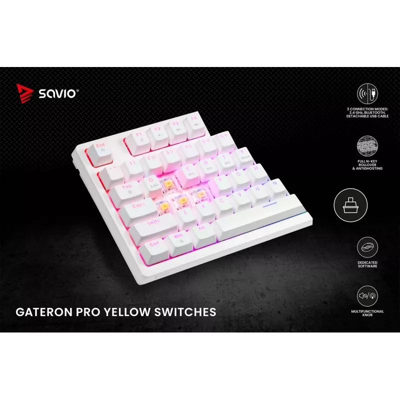 SAVIO PHENIX WHITE langaton mekaaninen näppäimistö, Gateron Red Pro, ABS