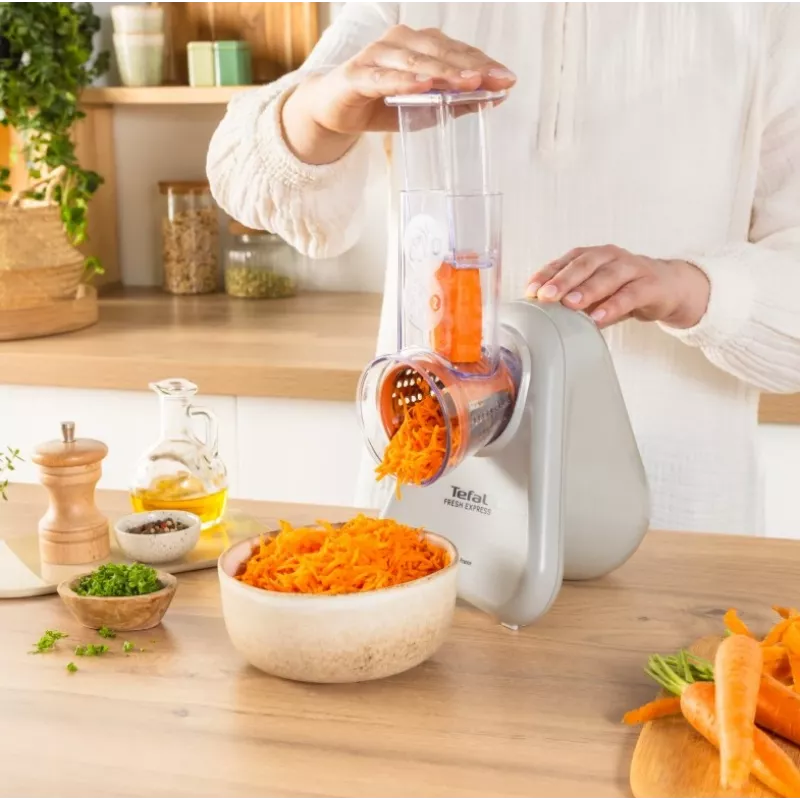 Sähköinen vihannesleikkuri Tefal Fresh Express DN853BE0 — 150 W, 3 vaihdettavaa terää, 1 nopeus, kerma
