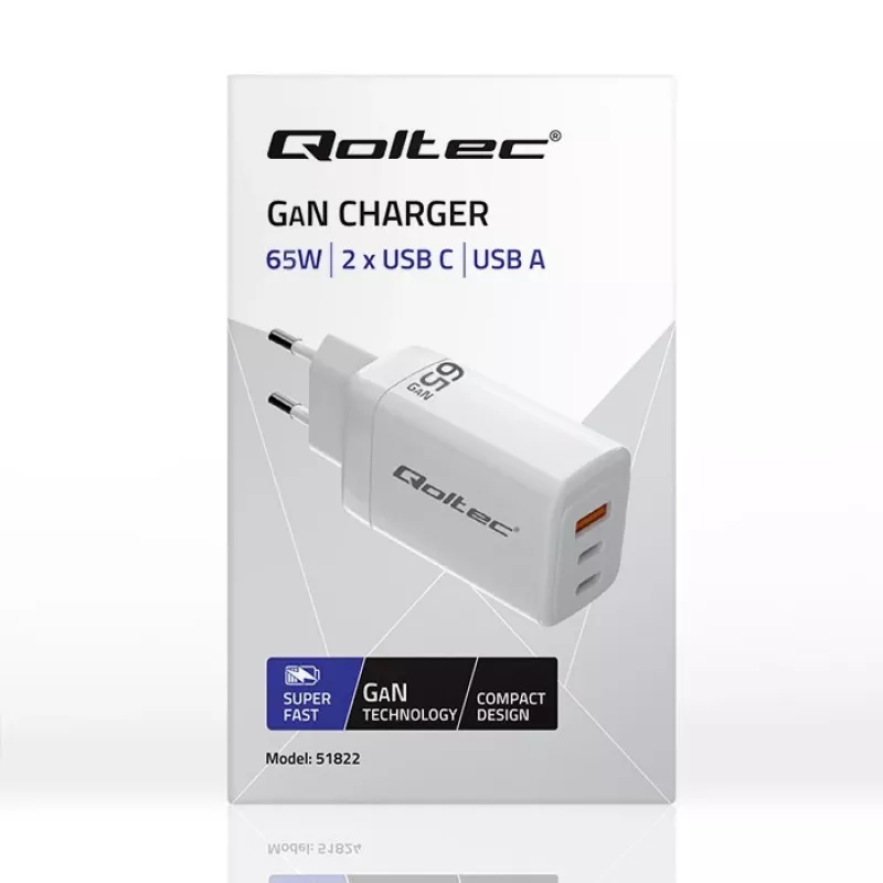 GaN-laturi QOLTEC 51822 65W 2×USB-A 2×USB-C