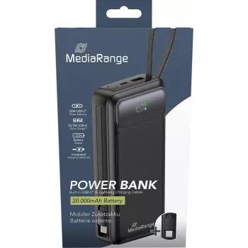 Varavirtalähde MediaRange MRMA756 — 20000 mAh LiPo, 15 W lähtö, USB-A + USB-C, musta
