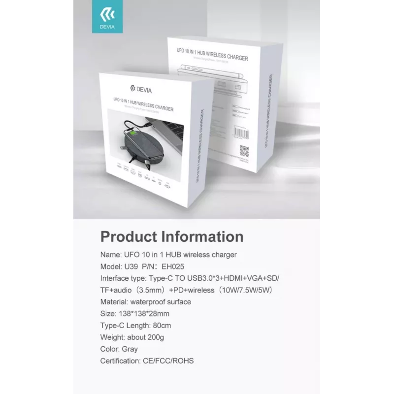 Devia UFO 10-in-1 USB-C-keskitin langattomalla laturilla, harmaa