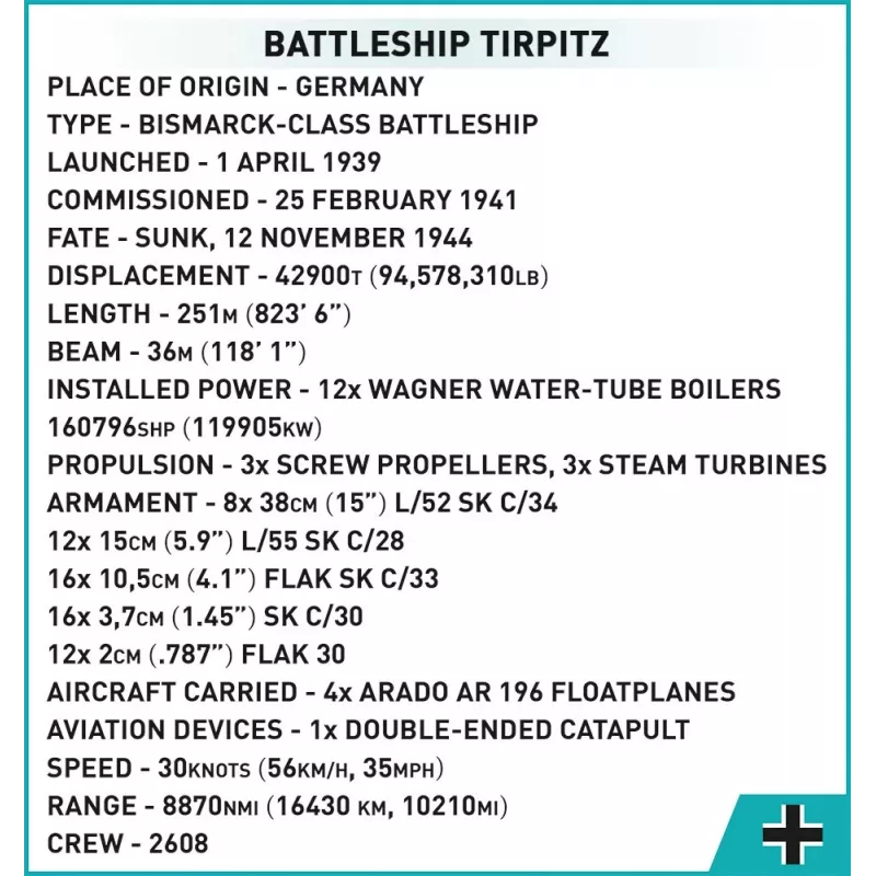 COBI 4839 Historical Collection taistelulaiva Tirpitz rakennuspalikkasarja, 2810 osaa, 1:300
