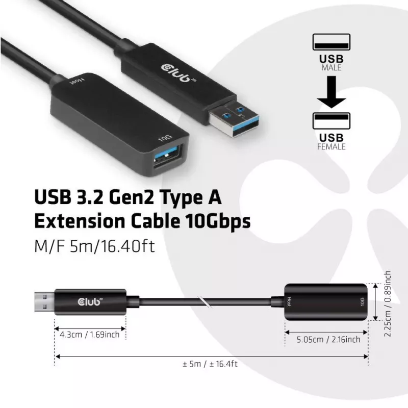 CLUB3D USB 3.2 Gen2 Type-A jatkokaapeli 10 Gbit/s M/F 5 m