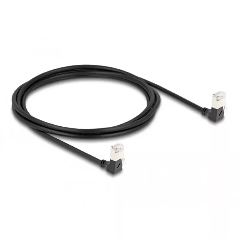 DeLOCK RJ45 verkkokaapeli Cat.6A S/FTP ohut 90° alaspäin 2 m musta