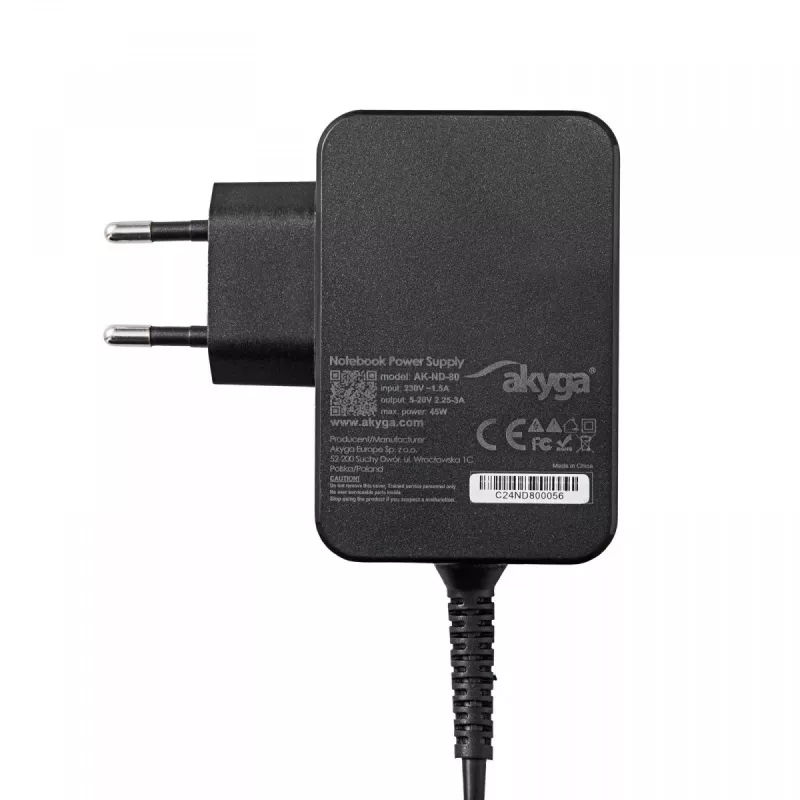Akyga AK-ND-80 USB-C GaN kannettavan virtalähde 45 W, PD 3.0, 5–20 V, 1,8 m kaapeli, musta