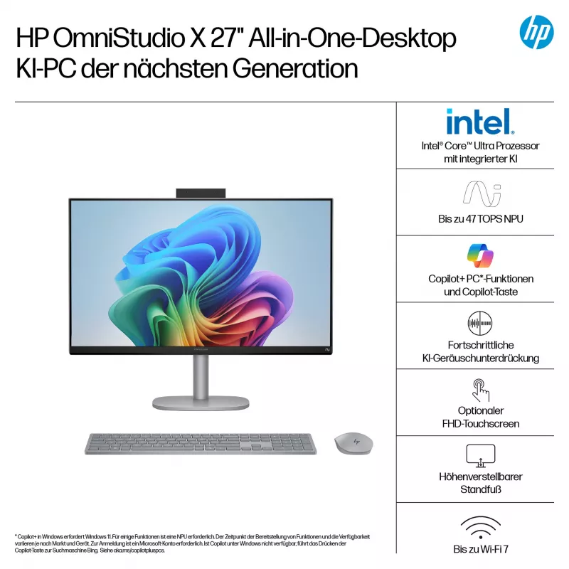 HP OmniStudio X 27-cs1077ng 27 tuuman FHD-kosketusnäyttöinen All-in-One-tietokone, Intel Core Ultra 7 256V, 16 GB RAM, 1 TB SSD