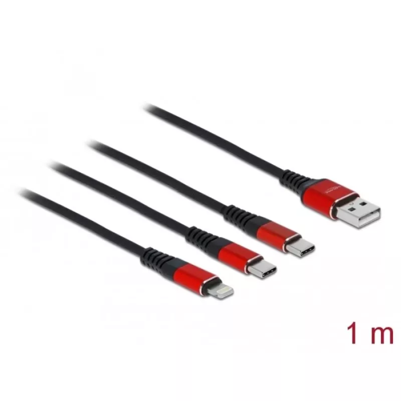 USB-latauskaapeli DeLOCK 3-in-1 Type-A Lightning / 2 x USB Type-C 1 m musta / punainen