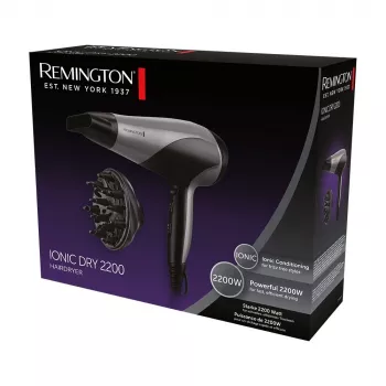 Hiustenkuivaaja Remington D3190S — 2200 W, ioninen, 3 lämpötasoa, 2 nopeutta, kylmäilma, diffuusori ja suutin (hopea/musta)