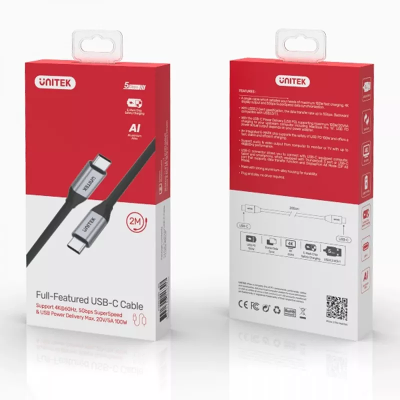 UNITEK C14091ABK USB-kaapeli USB 3.2 Gen 2 2m USB-C musta