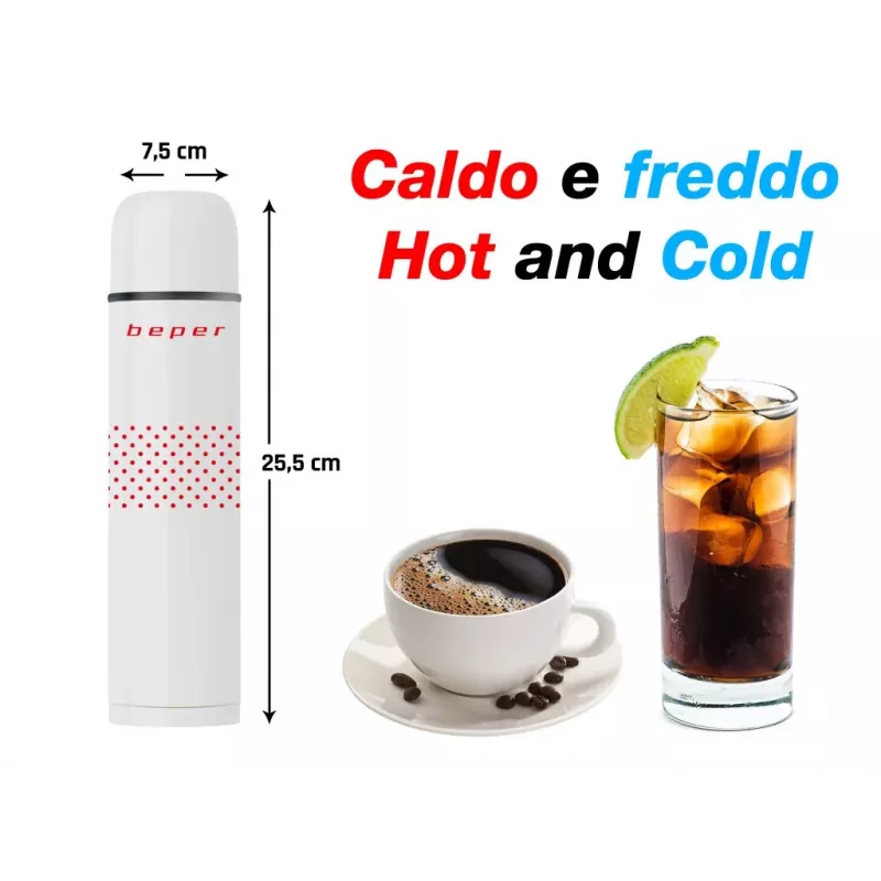 Beper BI.504 tyhjiöeristetty termospullo 500 ml, ruostumaton teräs, mukilla, punainen pilkullinen
