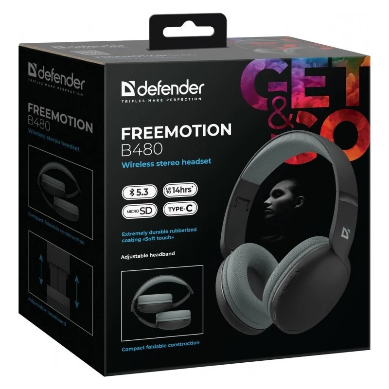 Defender FreeMotion B480 63480 langattomat korvien päälle asetettavat kuulokkeet, Bluetooth 5.3, USB-C, AUX, microSD, enintään 14 h, 20-20000 Hz, mustat