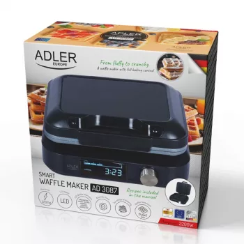 Vohvelirauta Adler AD 3087 — sähköinen belgialainen vohvelirauta, 2200 W, 2 suorakaiteen muotoista levyä 9×17 cm, musta