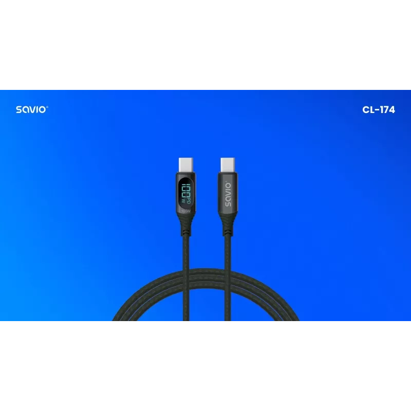 Savio CL-174 USB-C–USB-C-kaapeli, 100 W, Power Delivery/Quick Charge, digitaalinäyttö, 1 m, vihreä