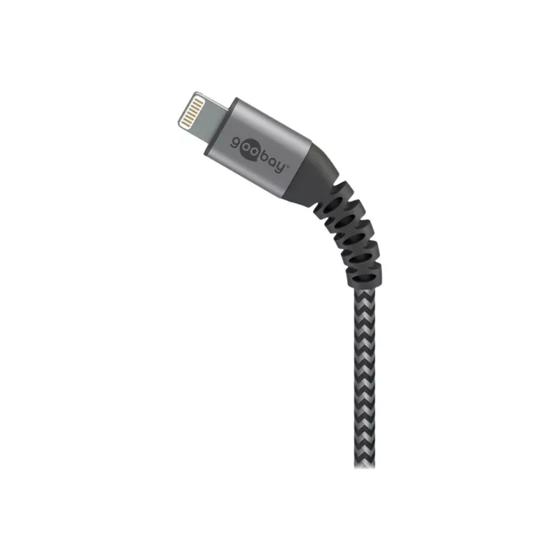 Goobay 49269 USB-A–Lightning-kaapeli, 2 m, tekstiilipäällyste, metalliliittimet, MFi-sertifioitu, USB 2.0, tähtiharmaa/hopea