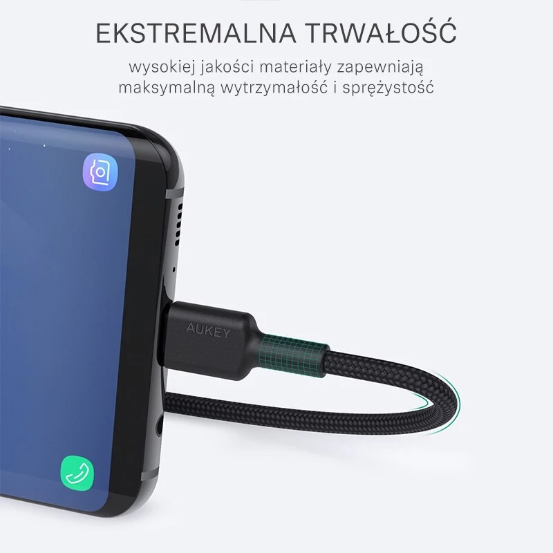 Aukey CB-CA2 OEM USB-C – USB-A -kaapeli, nailonpunos, 2 m, musta