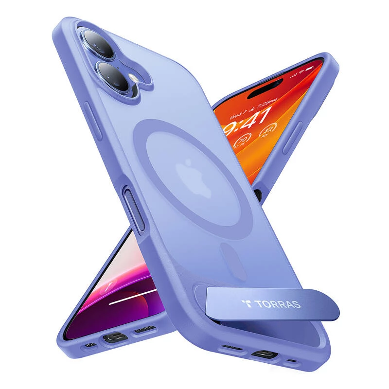 Suojakotelo Torras Pstand Series iPhone 16:lle — sininen, ohut istuvuus integroidulla jalustalla
