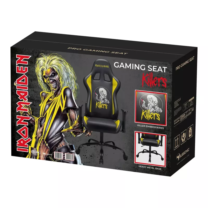 Subsonic SA5609-IM1 Pro Iron Maiden Killers pelituoli, 3D-käsinojat, tekonahka, kallistus 90°–135°, 120 kg, musta keltaisella kirjonnalla