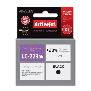 Yhteensopiva mustekasetti ActiveJet AB-223BN musta, pigmenttimuste, 16 ml, suuri (XL) riitto, Brother LC-223Bk