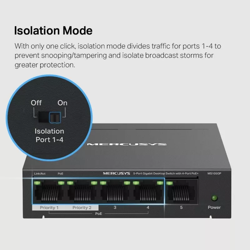 Mercusys 5-porttinen Gigabit-työpöytäkytkin 4-porttisella PoE+:lla