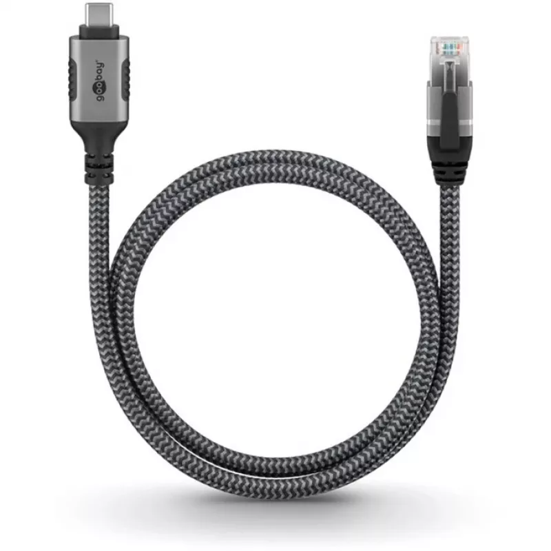 Ethernet-kaapeli USB-C 3.2 Gen2 uros > RJ-45 uros, LAN-sovitin musta/hopea, 2 metriä, punottu tekstiilivaippa