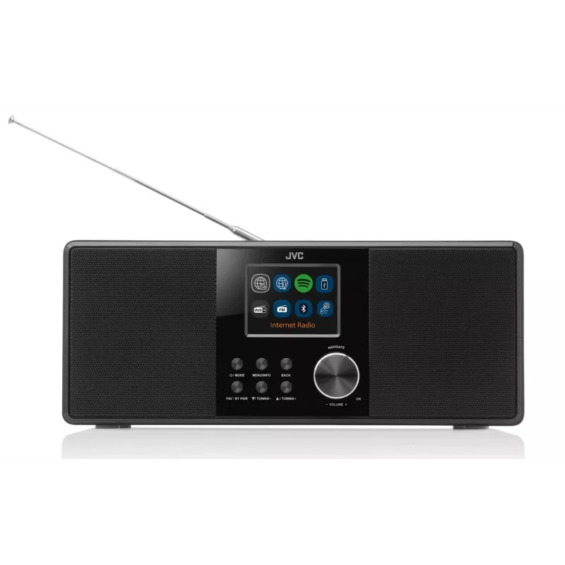 Internetradio JVC RA-E981B — Wi‑Fi- ja Bluetooth-suoratoisto, DAB+, FM, 2x5W, 40 aseman muisti, USB, AUX, LCD-näyttö