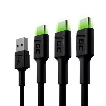 USB-C-kaapeli Green Cell KABGCSET02 1,2 m (USB-A–USB-C, 2,4 A, 480 Mbit/s) 3 kpl:n pakkaus LED-taustavalolla