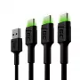 Green Cell Ray KABGCSET02 USB-A–USB-C-kaapelisarja (3 kpl), 1,2 m, 480 Mbit/s, vihreä LED-taustavalo