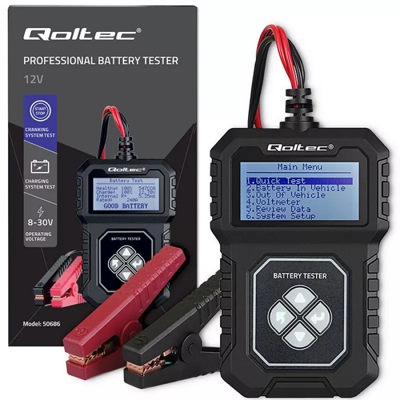 Qoltec digitaalinen akkutesteri LCD-näytöllä | puolankielinen valikko | 12V | AGM | GEL | STD | 30-220AH