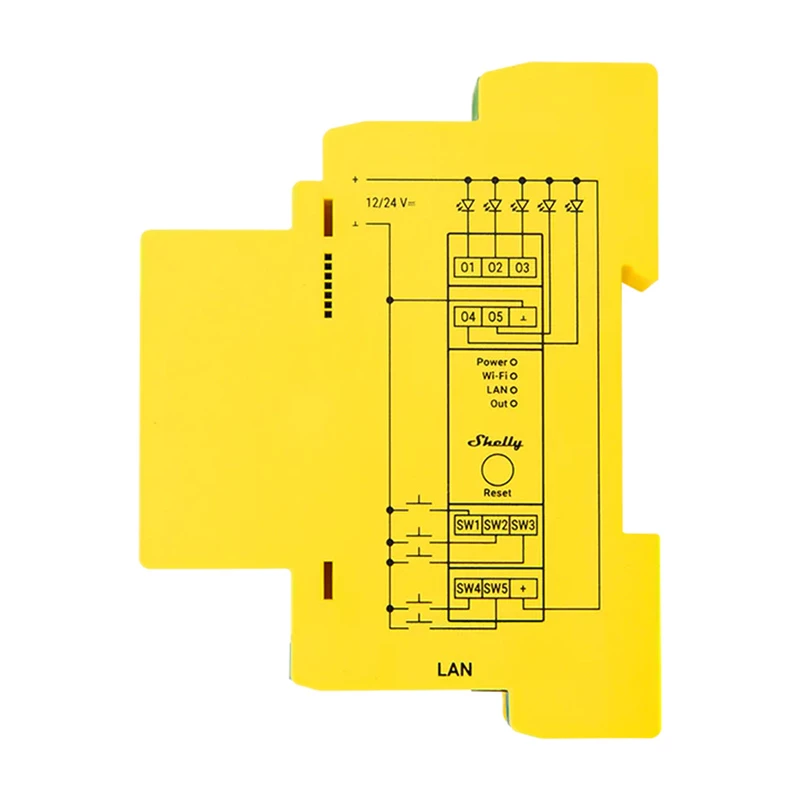 Shelly Pro RGBWW PM 5-kanavainen LED-valaistuksen ohjain, DIN-kiskoon, Wi-Fi, LAN, Bluetooth, energiamittaus, 12-24 V DC, keltainen