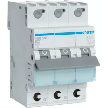 Hager MBS320. Nimellisvirta: 20 A. Tyyppi: B-käyrä, moduulien enimmäismäärä: 3 moduulia. Leveys: 52,5 mm, syvyys: 70 mm, korkeus: 83,4 mm (MBS320)