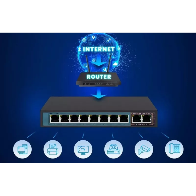 Extralink PoE-kytkin CERES 8x 100Mb/s PoE/PoE+, 2x RJ45 uplink 100Mb/s, 96W