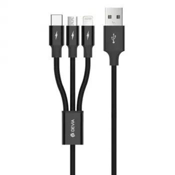 USB 3-in-1 lataus-/datakaapeli Devia Kintone Series — Lightning, Micro-USB, USB-C, 1,2 m, musta
