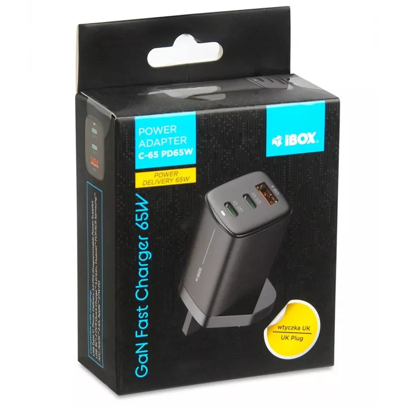 iBOX C-65 musta, yleislaturi GaN 65 W UK-pistokkeella