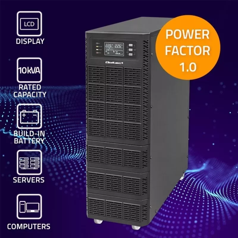 Qoltec 52284 UPS keskeytymätön virransyöttö | 10kVA | 10000W | tehokerroin 1,0 | LCD | EPO | USB | Online