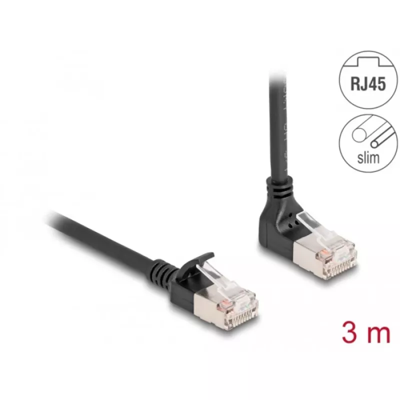 Verkkokaapeli DeLOCK RJ45 Cat.6A S/FTP ohut 90° 3 m musta